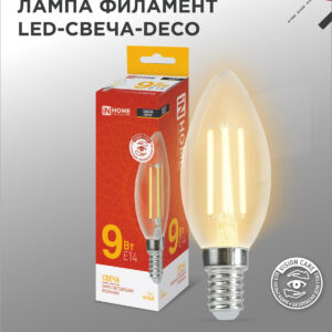 Лампа светодиодная LED-СВЕЧА-deco 9Вт Е14 3000К прозрачная IN HOME