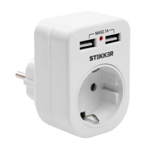 Переходник сетевой с заземлением + 2 USB, 2.1А, 250В, 16А