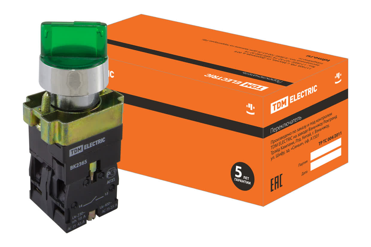 Переключатель TDM BK2365, 2 положения, зеленый, 1з+1р, d22мм, с подсветкой 230В
