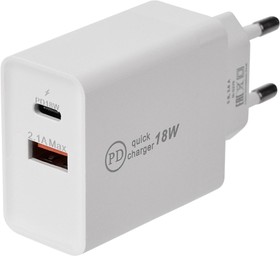 Сетевое зарядное устройство REXANT USB + Type-C 18Вт Quick Charge, белое 16-0278